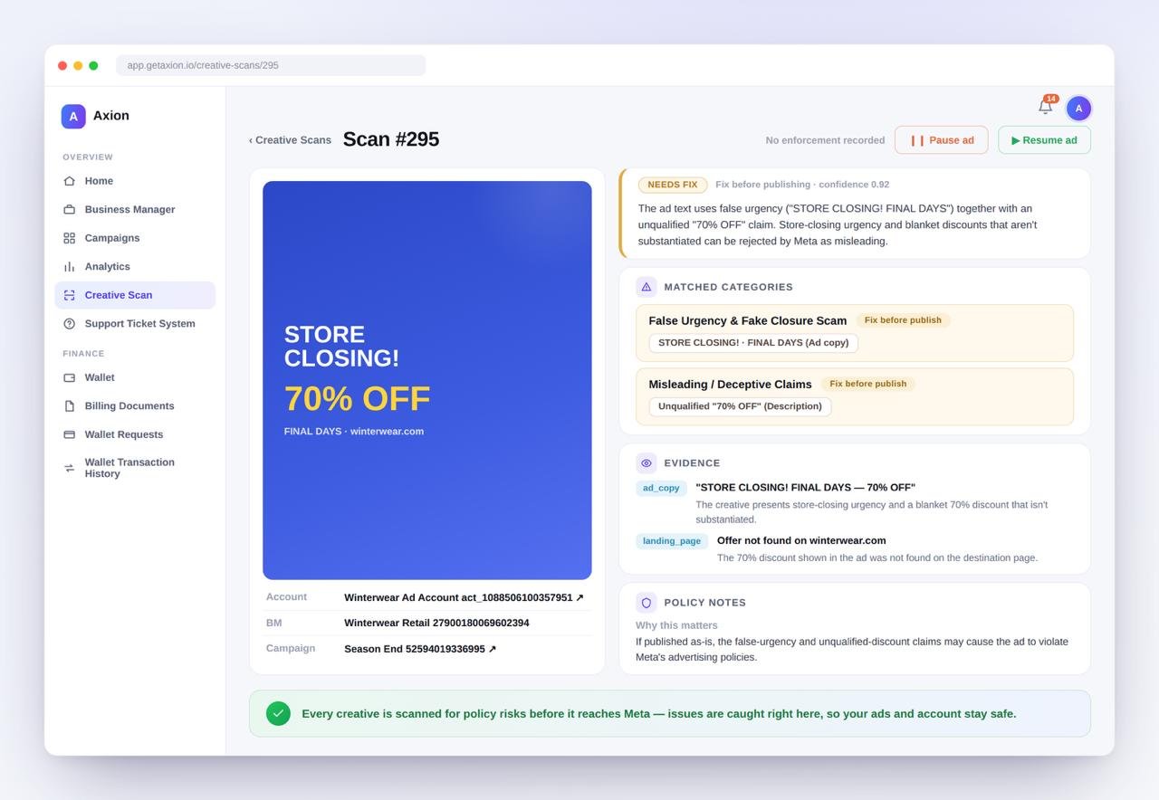 Axion campaign health check flagging a creative before publishing