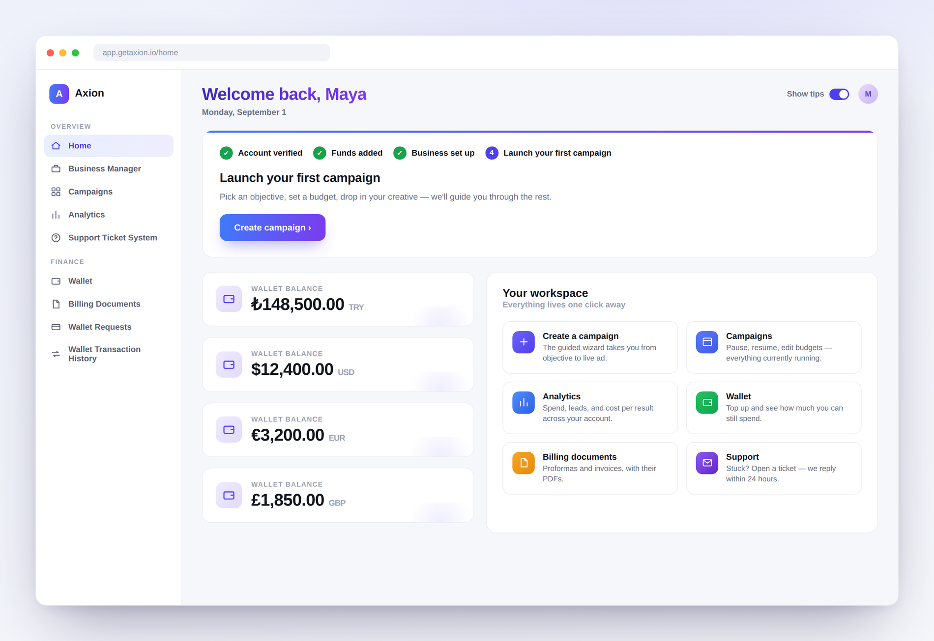 Axion dashboard home screen showing wallet balances and onboarding progress
